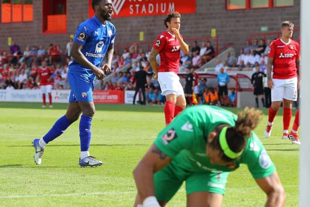 Picture by Gareth Williams/AHPIX.com; Football; Vanarama National League; Ebbsfleet United v Chesterfield FC; 04/08/2018 KO 15:00; The Kuflink Stadium; copyright picture; Howard Roe/AHPIX.com; Zavin Hines celebrates his penalty which made it 1-0 at Ebbsfleet
