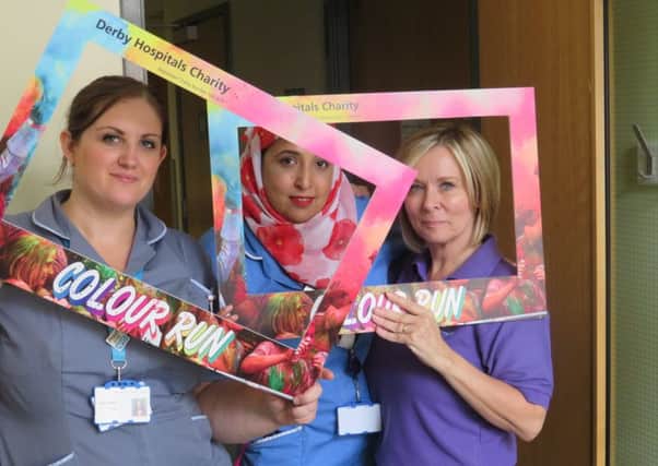 Derby Hospitals Charity Colour Run at Markeaton Park on September 9. Pictured are Shazia Parveen, Julia Mansfield and Gemma Peffars