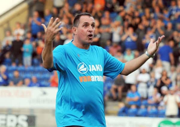 Chesterfield FC v Aldershot Town.
Martin Allen gets the crowd going during the 15 minute delay.