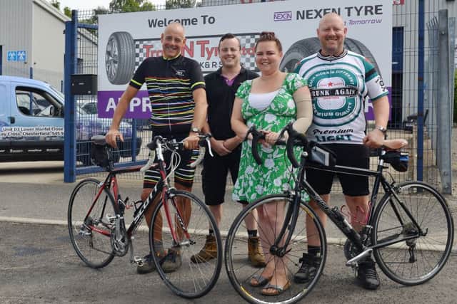 Chris Miller is taking part in a charity bike ride raising money for Cancer Research, pictured from from left Chris Wood,, Jono Williamson, Kate Miller and Chris Miller