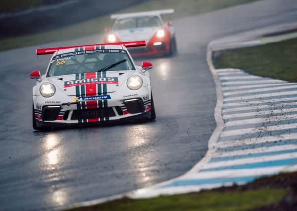 The wet track made conditions difficult for Seb Perez at Knockhill. (PHOTO BY: Carrera Cup GB/Dan Bathie).