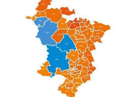 The PropCast map for Derbyshire showing the hot and cold spots for the property market in the county
