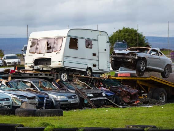 Photos by Rod Kirkpatrick/F Stop Press have captured the moment a car smashed into a caravan at Buxton Raceway
