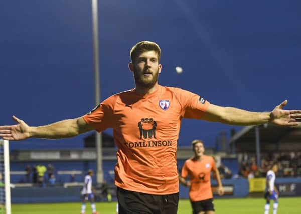 ChesterfieldÃ¢Â¬"s Will Evans celebrates his goal with the Chesterfield fans: : Picture by Steve Flynn/AHPIX.com, Football: Vanarama National League match Barrow -V- Chesterfield at Holker Street, Barrow, Cumbria, England copyright picture Howard Roe 07973 739229