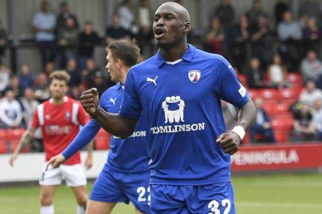 Chesterfields Marc-Antoine FortunÃ© celebrates scoring hisses second equaliser to make the score 2-2: Picture by Steve Flynn/AHPIX.com, Football: Vanarama National League match Salford City -V- Chesterfield at Peninsula Stadium, Salford, Greater Manchester, England copyright picture Howard Roe 07973 739229