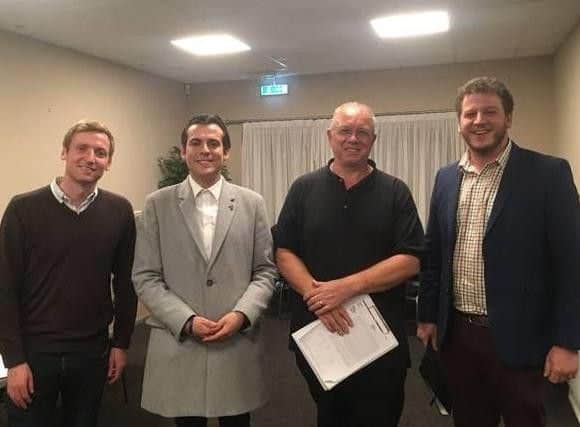From left to right, Lee Rowley MP, local campaigner Oscar Gomez-Reaney, Coun Jeremy Kenyon and Coun Alex Dale at the Eckington Parish Council by-election count on Thursday night.