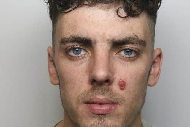 Pictured is Harry Stones, 25, of Romney Gardens, Heeley, Sheffield, who pleaded guilty to possessing an offensive weapon in Matlock has been jailed for 18 months.