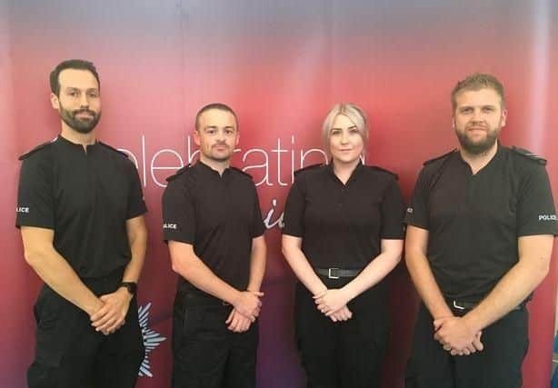 From left to right, PC Toby Meek, PC James Parker, PC Hannah Cocking and PC Pete Robinson. The fifth PC wanted to remain anonymous. Image: Derbyshire Live.