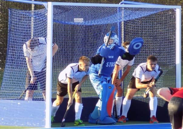 Chesterfield line up to defend a penalty corner during their win at University of Warwick.