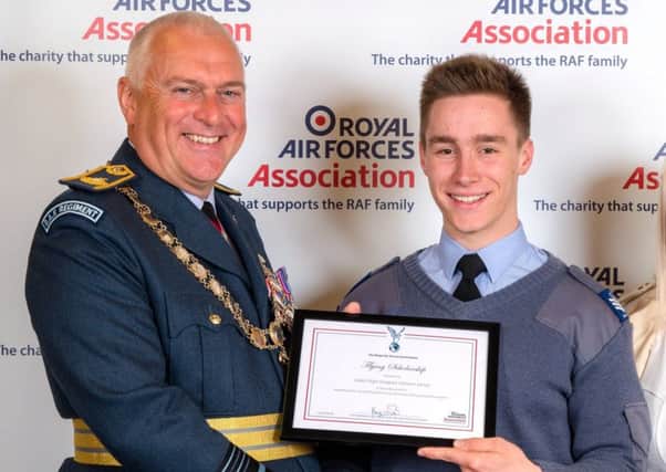 Harrison Juhasz, 2018 winner of the 12-hour RAF Association Scholarship with association president, Sir Baz North Photo by Heidi Burton.