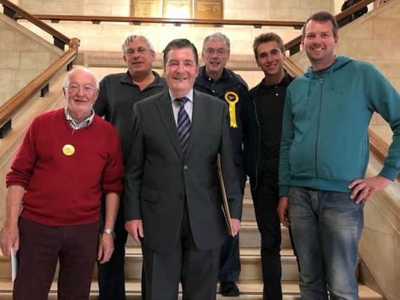 Liberal Democrat councillor Tony Rogers (standing in the middle on the front row) with supporters after his victory in the Chesterfield Borough Council by-election in the Moor ward. Picture submitted.