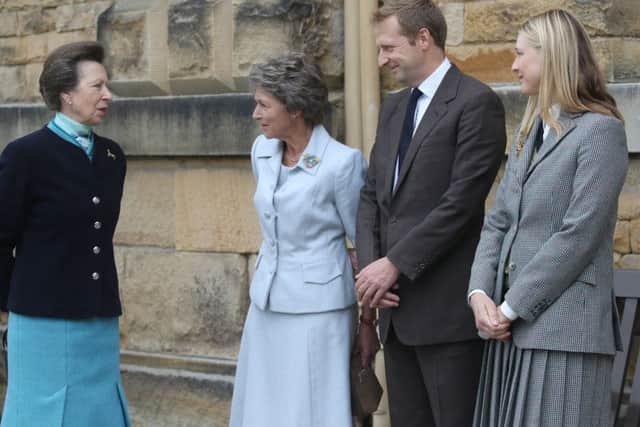 The Princess Royal is welcomed by the Duchess of Devonshire and Lord and Lady Burlington