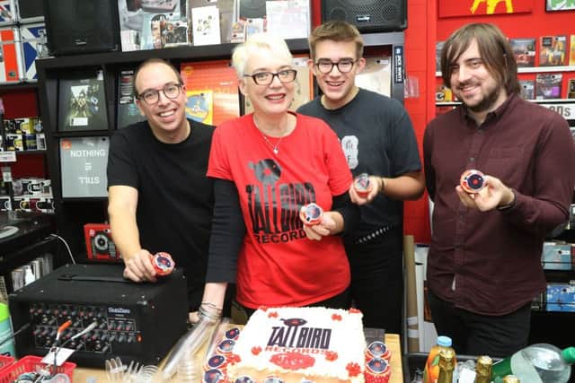 Maria Harris of Tallbird Records celebrates the shop's fifth anniversary with staff members Lewis Young, Simon Clowes and George Harris