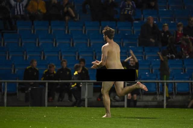 A streaker invaded the pitch: Picture by Steve Flynn/AHPIX.com, Football: Vanarama National League match FC Halifax Town -V- Chesterfield at The Shay, Halifax, West Yorkshire, England on copyright picture Howard Roe 07973 739229
