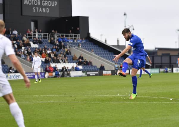 Chesterfield's Will Evans scores from a free kick on the edge of the box: Picture by Steve Flynn/AHPIX.com, Football: The Emirates FA Cup - Qualifing Fourth Round match AFC Fylde -V- Chesterfield at Mill Farm, Wesham, Lancashire, England on copyright picture Howard Roe 07973 739229