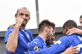 Chesterfield's Tom Denton celebrates after scoring his second goal: Picture by Steve Flynn/AHPIX.com, Football: The Emirates FA Cup - Qualifing Fourth Round match AFC Fylde -V- Chesterfield at Mill Farm, Wesham, Lancashire, England on copyright picture Howard Roe 07973 739229