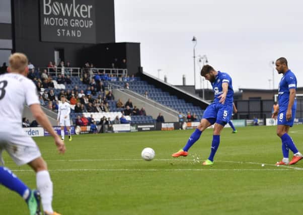 Chesterfield's Will Evans scores from a free kick on the edge of the box: Picture by Steve Flynn/AHPIX.com, Football: The Emirates FA Cup - Qualifing Fourth Round match AFC Fylde -V- Chesterfield at Mill Farm, Wesham, Lancashire, England on copyright picture Howard Roe 07973 739229