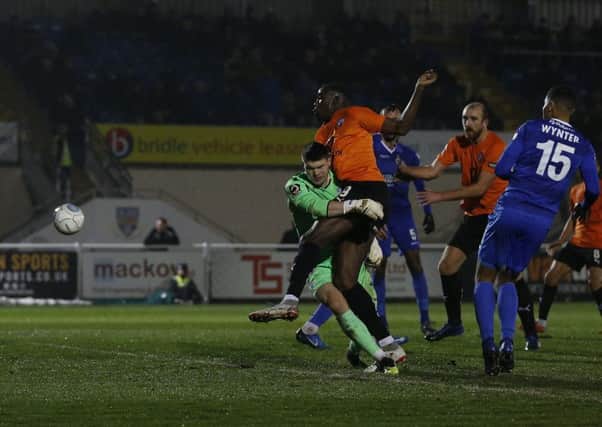 Picture by Gareth Williams/AHPIX.com; Football; Vanarama National League; Eastleigh FC v Chesterfield FC; 24/11/2018 KO 15.00; Silverlake Stadium; copyright picture; Howard Roe/AHPIX.com; Chesterfield's Levi Amantchi just fails to connect with a cross with Eastleigh keeper Maksymillian Stryjek stranded