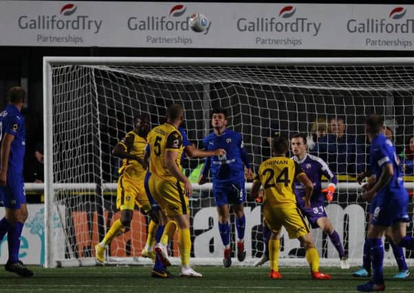 Picture by Gareth Williams/AHPIX.com; Football; Vanarama National League; Sutton United v Chesterfield FC; 30/10/2018 KO 19:45; The Knights Community Stadium; copyright picture; Howard Roe/AHPIX.com; Joe Rowley clears an Aaron Drinan header off the line