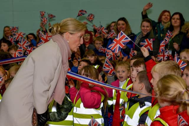 HRH The Countess of Wessex officially opens the David Nieper Academy in Alfreton, the Countess meets primary children
