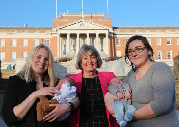Councillor Carol Hart with mums Nicole Gray and baby Oliver (left) and Katie Young with baby Theo outside Chesterfield Town Hall, the new home of the town's Register Office