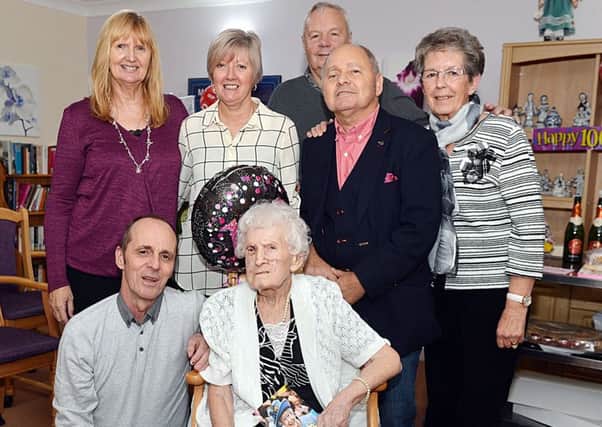 Hilda Ingham celebrates her 100th birthday at Thomas college care home in Bolsover. Seen with family and staff.