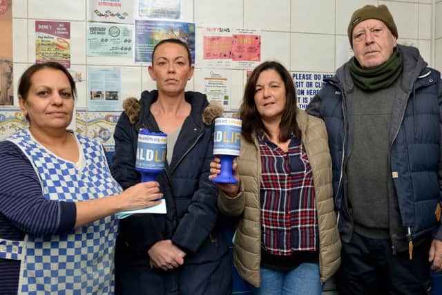 Bolsover Fisheries was broken into and charity tins stolen, pictured is owner Bali Kaur with Donna Hales and Dennis Keeble