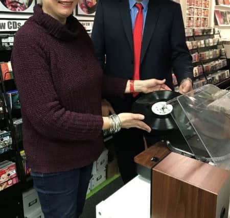 Maria Harris, of Tallbird Records, with Chesterfield MP Toby Perkins.