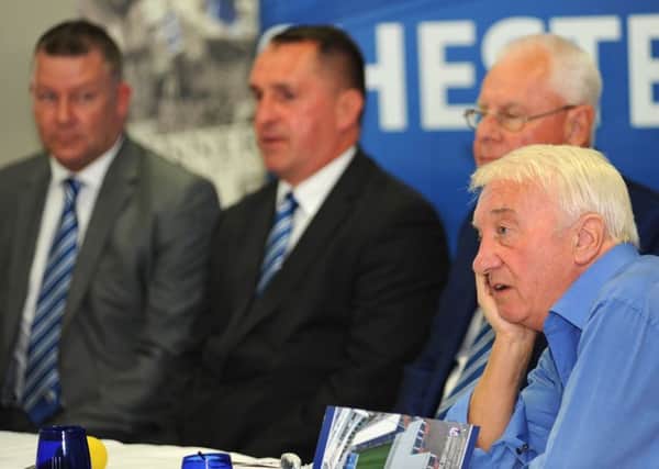 Chesterfield FC owner, Dave Allen, right, addresses the press conference at the unveiling of Martin Allen, second left, as new manager.