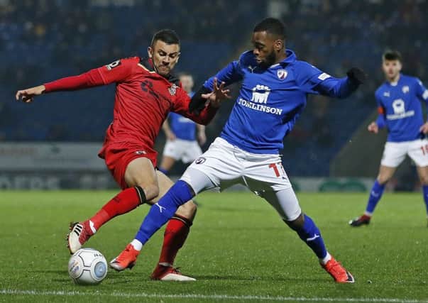 Picture by Gareth Williams/AHPIX.com; Football; Vanarama National League;  Chesterfield FC v Bromley FC; 27/11/2018 KO 19.45; The Proact Stadium; copyright picture; Howard Roe/AHPIX.com; Chesterfield's Zavon Hines is challenged by Bromley's Frankie Sutherland
