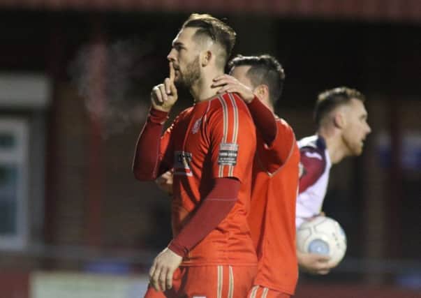Alfreton Town v Stockport, Reece Styche silences the away fans after scoring the second of two penalties awarded to Alfreton in the second half