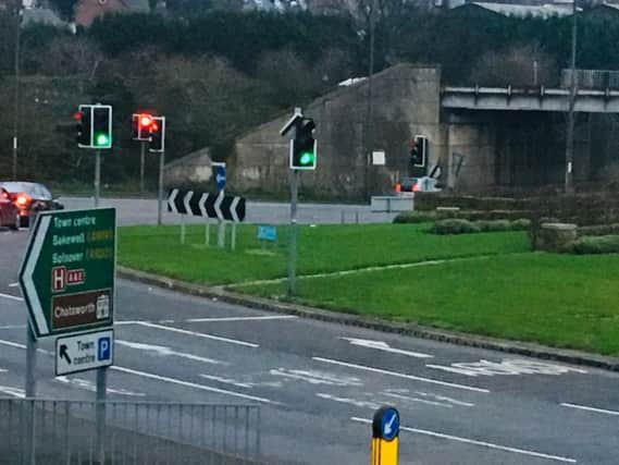 The damaged traffic signal at Chesterfield's Horns Bridge roundabout.