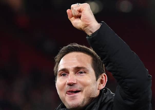 Manager Frank Lampard celebrates after his side win the penalty shoot-out during the FA Cup Third Round replay.
