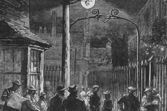 1882: An electric street lamp in Chesterfield, the first town in England to be wholly illuminated by electricity. (Photo by Hulton Archive/Getty Images)