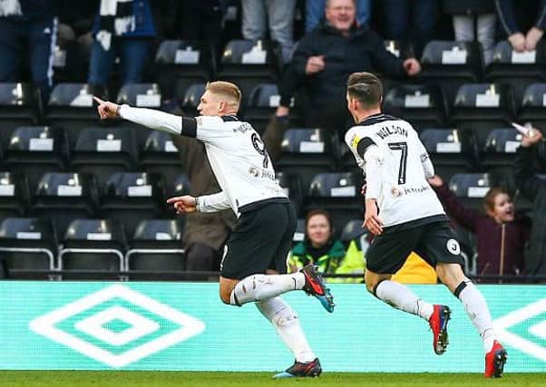 9th February 2019, Pride Park, Derby, England; EFL Championship football, Derby Country versus Hull City; Martyn Waghorn of Derby County runs to celebrate his goal in the 41st minute to make it 1-0 (photo by Lee Parker/Action Plus via Getty Images)