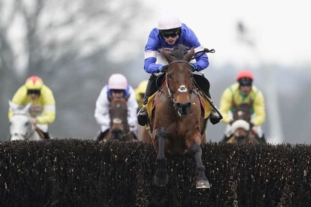 Cyrname, ridden by Harry Cobden, flies the final fence en route to victory in the Grade One Betfair Ascot Chase on Saturday. (PHOTO BY: Alan Crowhurst/Getty Images).