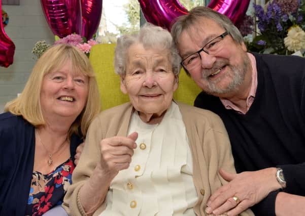 Rhoda Brassington celebrates her 100th birthday, Rhoda is pictured with Son Peter and Daughter-In-Law Valerie