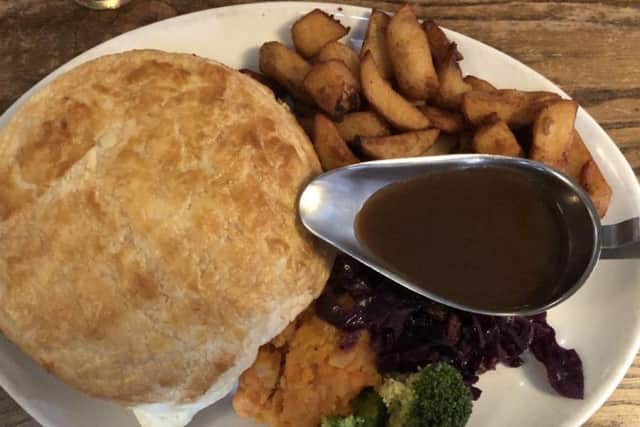 The beef and Stilton pie with chips and vegetables from the pie menu.