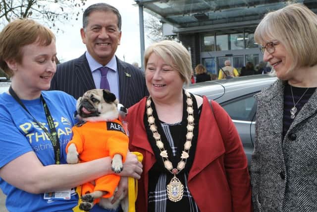 Chief Executive Andy Williamson, Alfreton Mayor Mary Kerry and former patient Pauline Dainty meet Alfie the therapy dog and owner Suzy Emsden