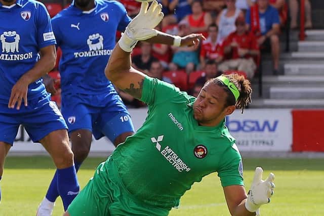 Pictured is Ebbsfleet United goalkeeper Nathan Ashmore who was subjected to threatening behaviour during Chesterfied FC's home match. Picture by Gareth Williams/AHPIX.com; Football.