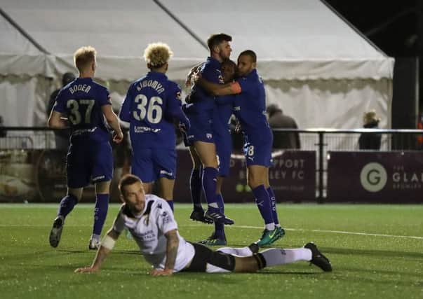 Picture by Shibu Preman / ahpix.com;
Football; Season 2018/19; Nation League; Conference premier; Vanarama National League; Chesterfield vs Bromley;
7:45pm Tuesday;  12th March;
Hayes Lane; Bromley stadium;
Chesterfield midfielder Joe Rowley (16) goal celebration
Copyright picture; 
Howard Roe; 
07973 739229;
