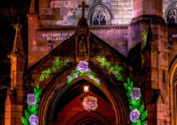 Projection onto Crooked Spire, Chesterfield. Photo by Derbyshire Photographic.