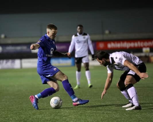 Picture by Shibu Preman / ahpix.com;
Football; Season 2018/19; Nation League; Conference premier; Vanarama National League; Chesterfield vs Bromley;
7:45pm Tuesday;  12th March;
Hayes Lane; Bromley stadium;
Chesterfield forward Lee Shaw (9) tackling the ball
Copyright picture; 
Howard Roe; 
07973 739229;