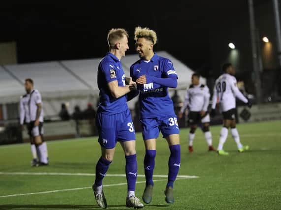 Alex Kiwomya, right, congratulates Scott Boden on his fifth goal in eight games for Chesterfield