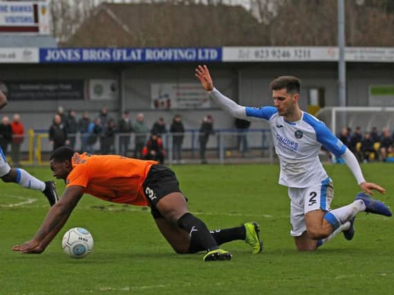 The match-changing decision in stoppage time revolved around this challenge on Jerome Bimmom-Williams. A penalty was awarded and Scott Boden scored from the spot.