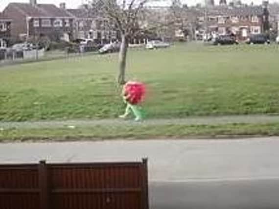 A giant strawberry walking down the street in Kirk Hallam.