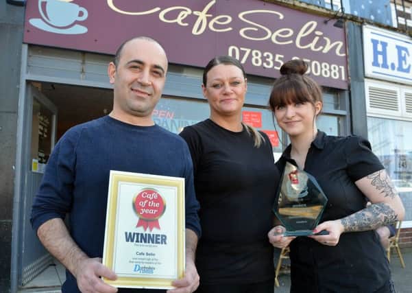 Derbyshire Times Cafe of the year winner Cafe Selin. Murat Omur, Rachel Handzel and Rachel Booth.