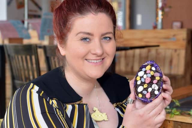 Amy Bamford with her Brownie Batter Easter Egg. Pictures and video by Brian Eyre.