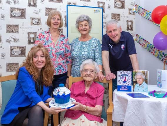 Birthday girl Gladys Smith with Chesterfield FC commercial colleague Debra Johnson, Spireites legend Jim Brown and her daughters Pauline and Linda. Picture by Tina Jenner.