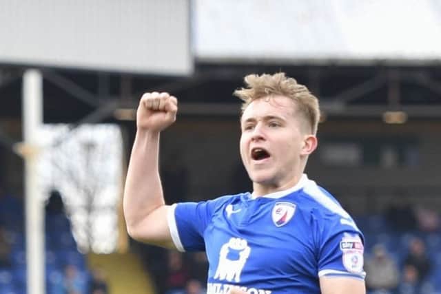 Chesterfieldâ¬"s Louis Reed celebrates after he scores his sides equaliser from a free kick: Picture by Steve Flynn/AHPIX.com, Football: Skybet League Two match Port Vale -V- Chesterfield at Vale Park, Burslem, Staffordshire, England on copyright picture Howard Roe 07973 739229